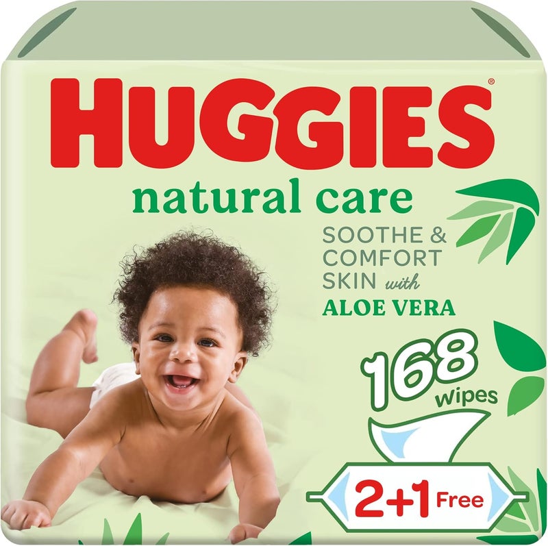 Huggies Natural Baby Wipes, Aloe Vera Wipes, 3 Pack x 56 Wipes (168 Wipes) - Image 1